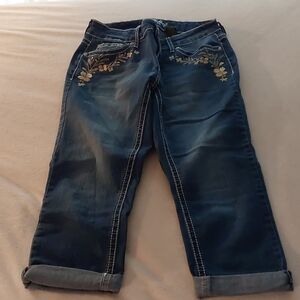 Love Indigo Blue Floral Embroidered Cropped Jeans